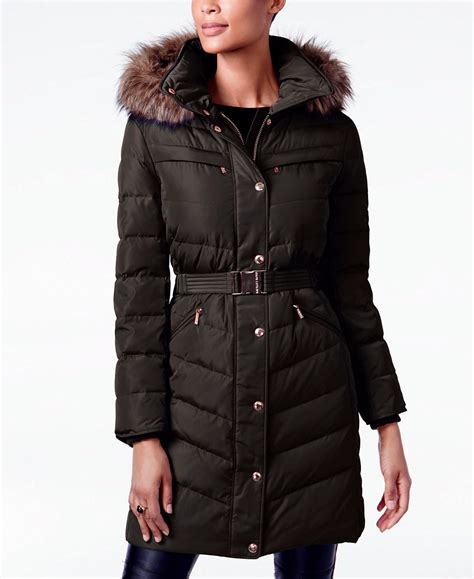 MICHAEL Michael Kors Belted Faux Fur Collar Down Puffer Coat 